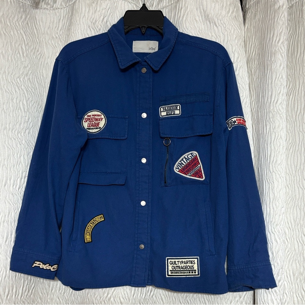 Leshop Blue Button Down Shirt with Colorful Patches